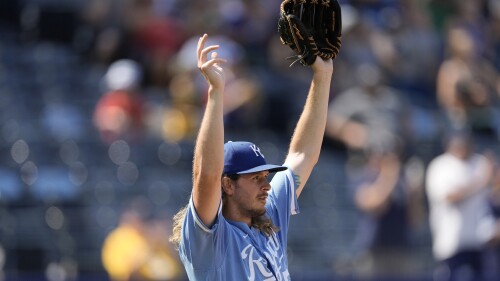 Kansas City Royals relief pitcher Scott Barlow celebrates after a baseball game against the Tampa Bay Rays Sunday, July 16, 2023, in Kansas City, Mo. The Royals won 8-4. (AP Photo/Charlie Riedel)