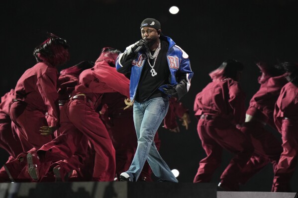 Kendrick Lamar performs during halftime of the NFL Super Bowl 59 football game between the Kansas City Chiefs and the Philadelphia Eagles, Sunday, Feb. 9, 2025, in New Orleans. (AP Photo/Frank Franklin II)