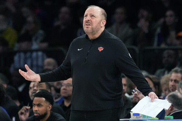 New York Knicks head coach Tom Thibodeau reacts during the second half of an NBA basketball game against the Brooklyn Nets, Friday, April 12, 2024, at Madison Square Garden in New York. The Knicks won 111-107. (AP Photo/Mary Altaffer)