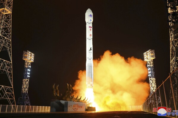 This photo provided by the North Korean government shows what the country said is the launch of the Malligyong-1, a military spy satellite, into orbit on Tuesday, Nov. 21, 2023. Independent journalists were not given access to cover the event depicted in this image distributed by the North Korean government. The content of this image is as provided and cannot be independently verified. Korean language watermark on image as provided by source reads: “KCNA” which is the abbreviation for Korean Central News Agency. (Korean Central News Agency/Korea News Service via AP)