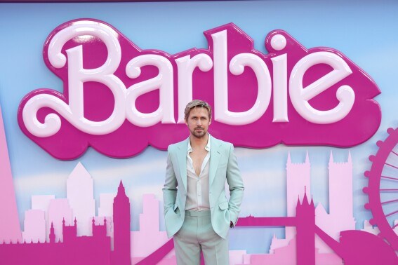 FILE - Ryan Gosling poses for photographers upon arrival at the premiere of the "Barbie" movie, July 12, 2023, in London. On Wednesday, Dec. 20, Gosling — the Ken to Margot Robbie's “Barbie” in the film — released the “I'm Just Ken” EP alongside collaborators Mark Ronson and Andrew Wyatt. (Scott Garfitt/Invision/AP, File)