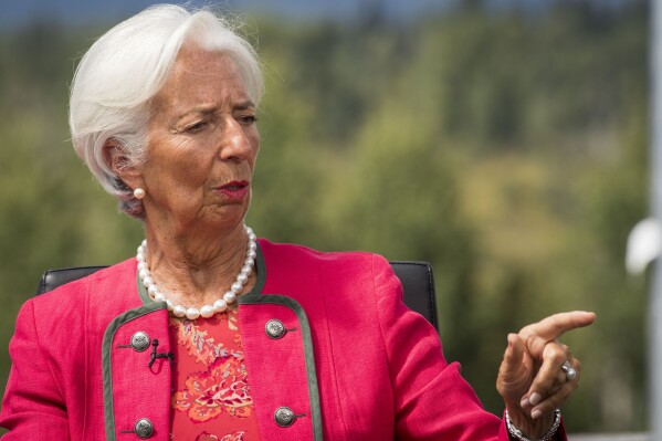 President of the European Central Bank Christine Lagarde prepares for an interview after her speech at the Jackson Lake Lodge during the Jackson Hole Economic Symposium in Moran, WY., on Aug. 25, 2023. (AP Photo/Amber Baesler)