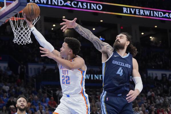 Oklahoma City Thunder forward Isaiah Roby (22) shoots in front of Memphis Grizzlies center Steven Adams (4) in the first half of an NBA basketball game Sunday, March 13, 2022, in Oklahoma City. (AP Photo/Sue Ogrocki)