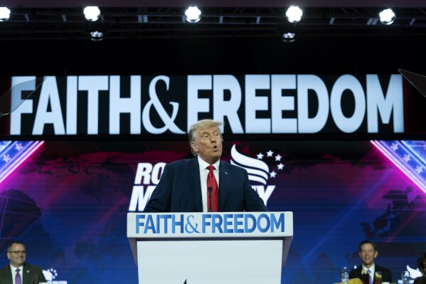 FILE - Former President Donald Trump speaks during the Faith & Freedom Coalition Policy Conference in Washington, Saturday, June 24, 2023. Large numbers of Americans believe the founders intended the U.S. to be a Christian nation, and such views are especially strong among Republicans and are being voiced by Trump’s supporters. (AP Photo/Jose Luis Magana, File)