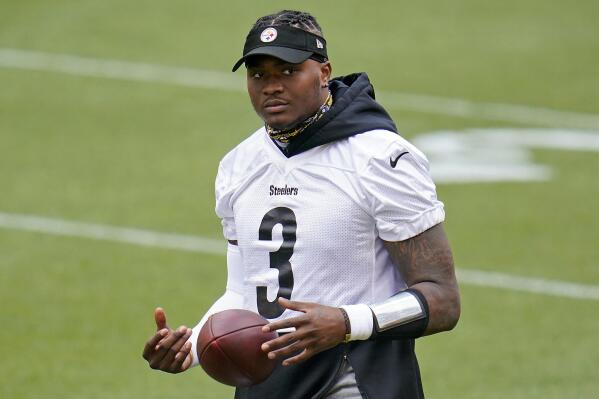 FILE - Pittsburgh Steelers quarterback Dwayne Haskins works during the team's NFL minicamp football practice in Pittsburgh, Tuesday, June 15, 2021. The wife of Pittsburgh Steelers quarterback Dwayne Haskins called Florida 911 dispatchers shortly after he was fatally struck by a dump truck earlier this month, saying his car had run out of gas and she was worried because he wasn't answering the phone, according to recordings released Wednesday, April 20, 2022. (AP Photo/Gene J. Puskar, File)
