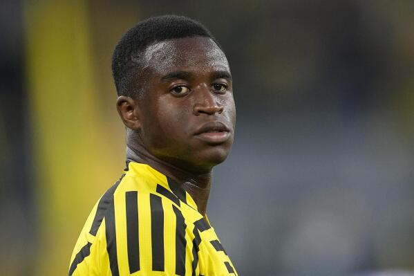 FILE - Dortmund's Youssoufa Moukoko is pictured during the German Bundesliga soccer match between Borussia Dortmund and TSG Hoffenheim in Dortmund, Germany, Friday, Sept. 2, 2022. The 18-year-old Moukoko extended his contract with the club through June 2026, Dortmund announced Saturday, Jan. 21, 2023. (AP Photo/Martin Meissner, File)