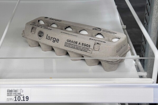 The eggs are on display at a grocery store in Carmel, Indiana on Wednesday, April 9, 2025 (AP Photo/Michael Conroy)