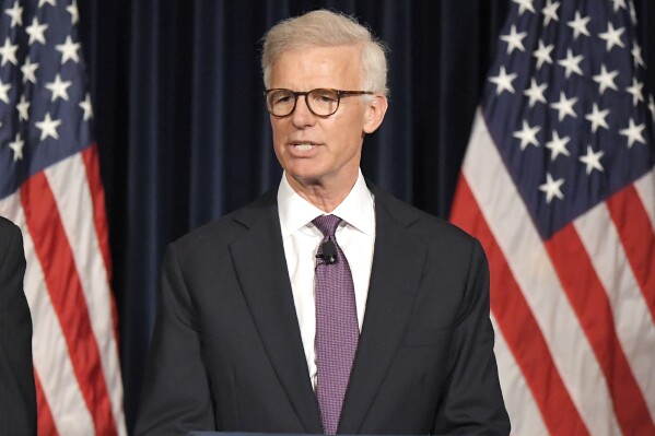 FILE - Washington Post publisher Fred Ryan speaks at the Ronald Reagan Presidential Library in Simi Valley, Calif., on July 22, 2018. Ryan is leaving the newspaper after nine years in charge. Newspaper owner Jeff Bezos announced Ryan’s departure in a memo to staff on Monday. He’ll continue as publisher and CEO for two more months.(AP Photo/Mark J. Terrill, File)