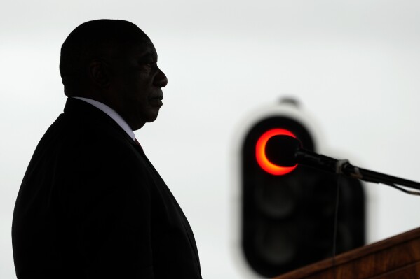 FILE - South African President Cyril Ramaphosa addresses members of the defence force during the Armed Forces Day in Richards Bay, South Africa, Tuesday, Feb. 21, 2023. South African President Cyril Ramaphosa has announced that the highly anticipated national election will be held on May 29. (AP Photo/Themba Hadebe, File)