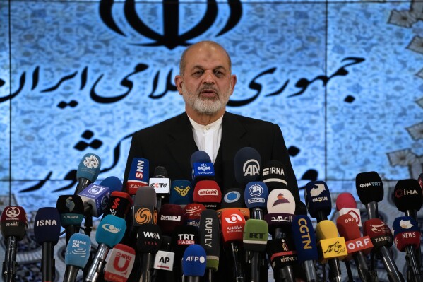 Iranian Interior Minister Ahmad Vahidi briefs the media on Friday's elections, in Tehran, Iran, Monday, March 4, 2024. While praising Iranians for withstanding "bad weather and continuous propaganda by the enemy," Vahidi said the vote saw 25 million ballots cast — a turnout of just under 41%. The lowest previous came in the last parliamentary election in 2020, which saw a 42% turnout.(AP Photo/Vahid Salemi)