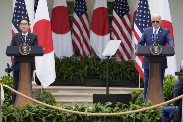 President Joe Biden and Japanese Prime Minister Fumio Kishida participate in a news conference in the Rose Garden of the White House, Wednesday, April 10, 2024, in Washington. (AP Photo/Alex Brandon)