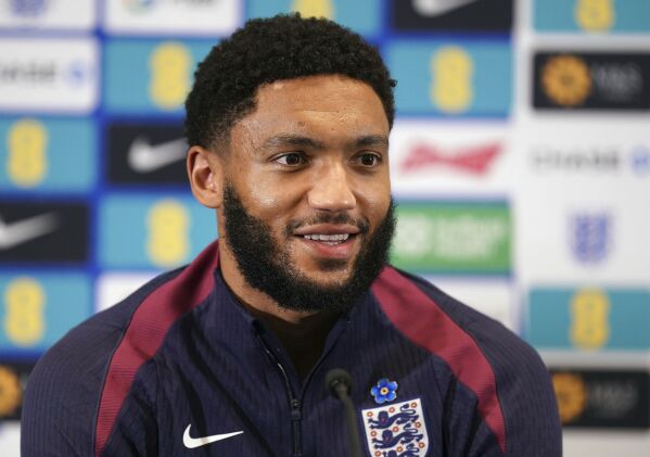 England's Joe Gomez attends a press conference at St. George's Park, Burton Upon Trent, England, Wednesday March 20, 2024, ahead of their soccer match against Brazil on Saturday. (Mike Egerton/PA via AP)