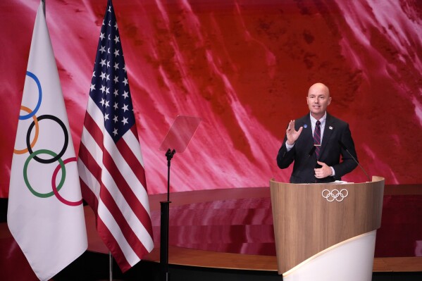 Utah Gov. Spencer Cox speaks about Salt Lake City's bid to host the 2034 Winter Olympics, during the 142nd IOC session at the 2024 Summer Olympics, Wednesday, July 24, 2024, in Paris, France. (ĢӰԺ Photo/David Goldman)