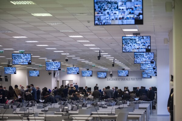 FILE - A view of a specially constructed bunker for the first hearing of a maxi-trial against more than 300 defendants of the 'ndrangheta crime syndicate, near the Calabrian town of Lamezia Terme, southern Italy, on Jan. 13, 2021. Verdicts are expected Monday, Nov. 20, 2023, in the trial of hundreds of people accused of membership in Italy’s ’ndrangheta organized crime syndicate, one of the world’s most powerful, extensive and wealthy drug-trafficking groups. (Valeria Ferraro/LaPresse via AP, File)