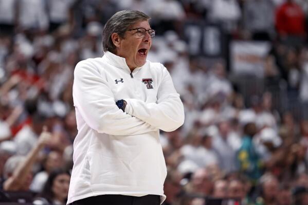 FILE - Texas Tech coach Mark Adams yells to players during the second half of the team's NCAA college basketball game against Baylor, Feb. 16, 2022, in Lubbock, Texas. Adams has a new contract that includes a hefty pay raise and adds two years to his deal through the 2026-27 season after leading the Red Raiders to the NCAA Sweet 16 in his first season as coach. (AP Photo/Brad Tollefson, File)