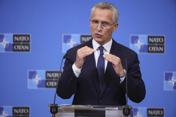 NATO Secretary-General Jens Stoltenberg speaks as he meets the media during a press conference at the NATO headquarters in Brussels, Belgium Tuesday, Oct. 11, 2022. (AP Photo/Olivier Matthys)