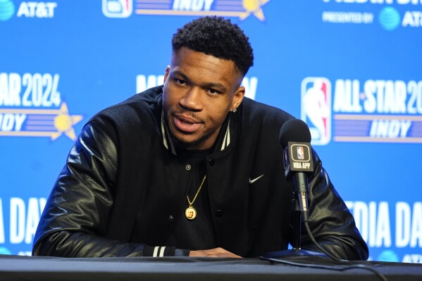 Milwaukee Bucks forward Giannis Antetokounmpo (34) answers a question during media day the NBA All-Star basketball game in Indianapolis, Saturday, Feb. 17, 2024. (AP Photo/Michael Conroy)