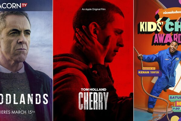 This combination photo shows key art for the Acorn TV series "Bloodlands," premiering March 15, left, key art for the Apple TV+ film "Cherry," center, and key art for Nickelodeon’s "Kids’ Choice Awards," hosted by Kenan Thompson and airing on March 13. (Acorn TV/Apple TV+/Nickelodeon via AP)