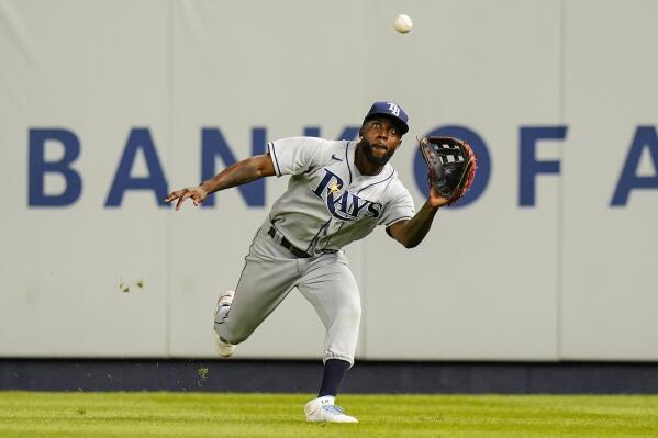 Tampa Bay Rays Randy Arozarena catches a ball hit by New York Yankees' Isiah Kiner-Falefa for an out during the eighth inning of a baseball game Tuesday, Aug. 16, 2022, in New York. The Rays won 3-1. (AP Photo/Frank Franklin II)