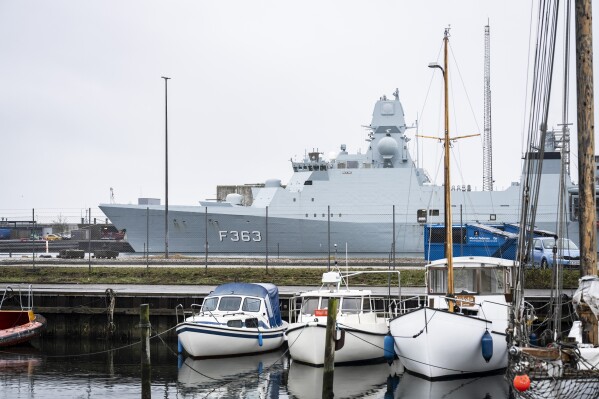 The Danish naval frigate Niels Juel is docked in Korsoer, Denmark, on Thursday, April 4, 2024. A technical error on a navy missile Thursday spurred Danish authorities to issue a warning, saying there was a risk the missile could launch unintentionally — but not explode — resulting in fragments falling in Denmark waters. (Emil Nicolai Helms/Ritzau Scanpix via AP)
