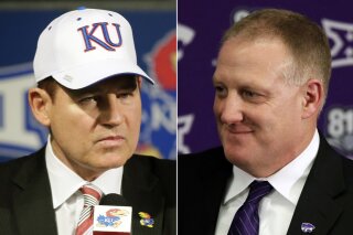 FILE - This combination of file photos shows new Kansas football coach Les Miles, left, at an NCAA college football news conference in Lawrence, Kan., Nov. 18, 2018, and Chris Klieman introduced as the 35th Kansas State head football coach in Manhattan, Kan., Dec. 12, 2018. The two schools took vastly different approaches to hiring new head coaches. (AP Photo/Orlin Wagner, File)
