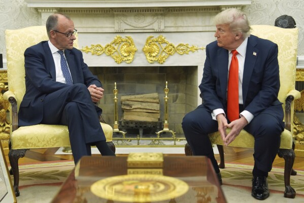 U.S. President Donald Trump with German Chancellor Friedrich Merz in the Oval Office at the White House in Washington, June 5, 2025. (AP Photo/Evan Vucci)