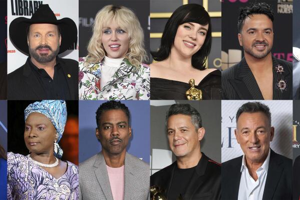 This combination of photos shows, top row from left, Jon Bon Jovi, Garth Brooks, Miley Cyrus, Billie Eilish, Luis Fonsi, Elton John, bottom row from left, Juanes, Angélique Kidjo, Chris Rock, Alejandro Sanz, Bruce Springsteen and Gloria Steinem, who are among the celebrities expected to participate in a Global Citizen-organized social media rally to show support for Ukraine. (AP Photo)