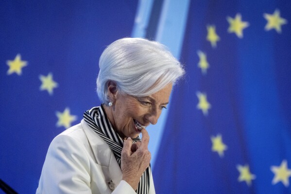 FILE - President of European Central Bank, Christine Lagarde, attends a press conference after an ECB's governing council meeting in Frankfurt, Germany, on Jan. 25, 2024. The European Central Bank appears ready to start cutting interest borrowing costs for businesses and consumers - and do it ahead of the Fed. Analysts say a first rate cut is coming Thursday when the bank's policymakers meet in Frankfurt, Germany. . (AP Photo/Michael Probst, File)