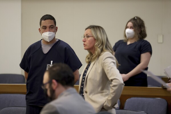 Evan Frostick, left, and Madison Bernard, right, both charged with murder and child cruelty in the death of their daughter, Charlotte Frostick, appear before a judge on Sept. 1, 2022, at the Sonoma County Superior Court in Santa Rosa, Calif. They are part of a growing number of parents across the U.S. prosecutors have charged in the fentanyl overdose deaths of their children since the pandemic started. Prosecutors have been ramping up enforcement efforts in these cases as children increasingly become accidental victims of an escalating opioid crisis. (Beth Schlanker/The Press Democrat via AP) Press Democrat via AP)