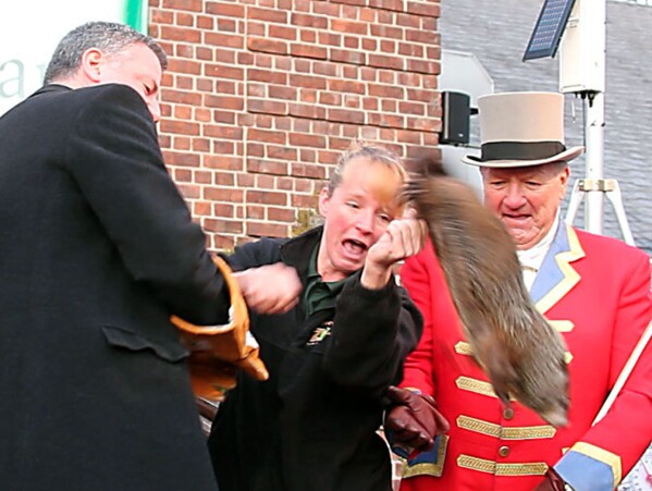 FILE - In this Feb. 2, 2014 image made from video, a groundhog breaks free from New York Mayor Bill de Blasio, left, and drops to the stage during the 2014 Groundhog Day ceremony at the Staten Island Zoo, in New York. (AP Photo/Staten Island Advance, Anthony DePrimo)