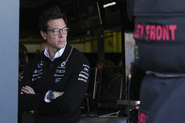 Mercedes team boss Toto Wolff watches the first practice session of the Australian Formula One Grand Prix at Albert Park, in Melbourne, Australia, Friday, March 22, 2024. (AP Photo/Asanka Brendon Ratnayake)