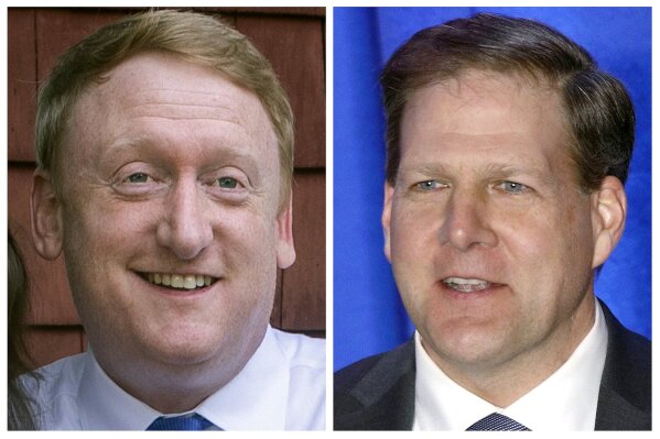 FILE - This pair of 2020 file photos shows Democrat challenger Dan Feltes, left, and Republican incumbent Gov. Chris Sununu, right, who are running for New Hampshire governor in the Nov. 3, 2020, general election. (AP Photos, File)