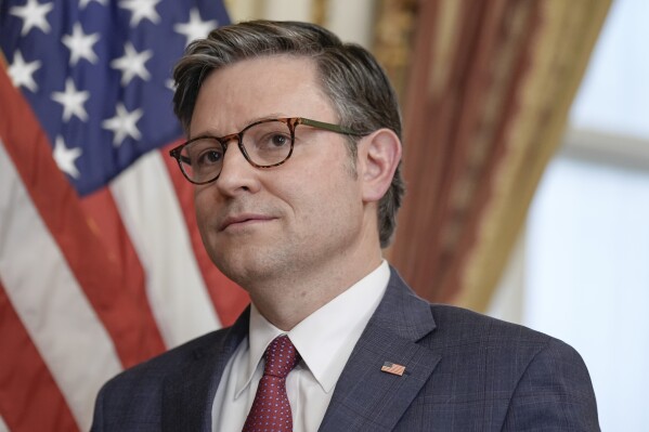 Speaker of the Residence Mike Johnson, R-La., participates in a ceremonial swearing-in for Win. Michael Rulli, R-Ohio, on Capitol Hill Tuesday, June 25, 2024, in Washington. (AP Listing/Mariam Zuhaib)