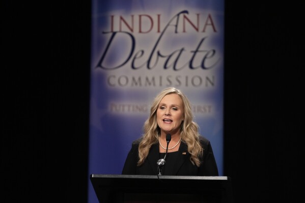 Democrat candidate Jennifer McCormick speaks during a debate for Indiana governor hosted by the Indiana Debate Commission at WFYI, Thursday, Oct. 24, 2024, in Indianapolis. (AP Photo/Darron Cummings, Pool)