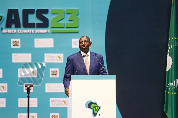 Kenya's President William Ruto speaks at Kenyatta International Conference Centre in Nairobi, Kenya Tuesday, Sept. 5, 2023, during the Africa Climate Summit. (AP Photo/Brian Inganga)