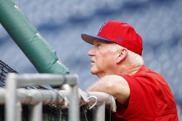 FILE - Philadelphia Phillies hitting coach Charlie Manuel looks on prior to the first inning of a baseball game against the Chicago Cubs, Aug. 14, 2019, in Philadelphia. The Phillies announced Saturday, Sept. 16, 2023, that former manager Manuel has suffered a stroke. Manuel was undergoing a medical procedure in Florida when he was afflicted, the team revealed. (AP Photo/Chris Szagola, File)