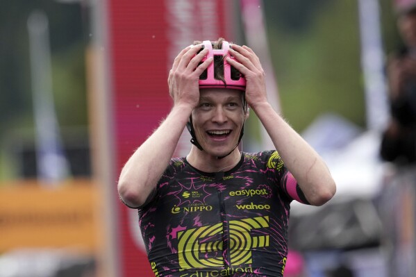 Georg Steinhauser reacts as he wins the 17th stage of the Giro d'Italia from Selva di Val Gardena to Passo Brocon, Italy, Wednesday, May 22, 2024. (Gian Mattia D'Alberto/LaPresse via AP)