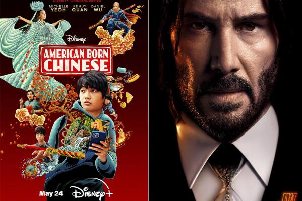 This combination of photos show promotional art for the new action-comedy series “American Born Chinese," premiering Wednesday on Disney+, left, and "John Wick: Chapter 4, available on video on demand. (Disney+/Lionsgate via AP)