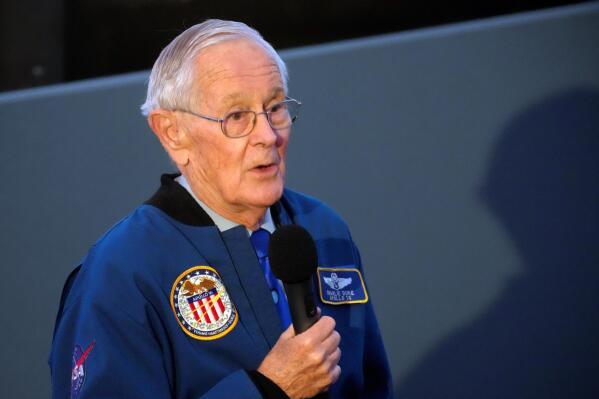Retired NASA astronaut Charlie Duke speaks to a group of middle school students at the South Carolina State Museum on Friday, April 29, 2022, in Columbia, S.C. Duke, 86, is one of four U.S. astronauts still living who walked on the moon during the Apollo program. (AP Photo/Meg Kinnard)