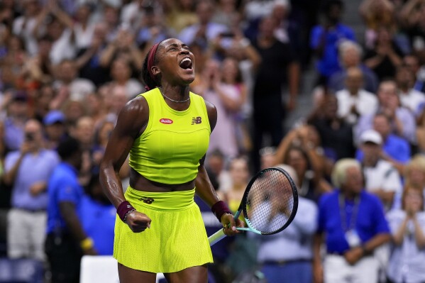 Coco Gauff, of the United States, reacts after defeating Karolina Muchova, of the Czech Republic, during the women's singles semifinals of the U.S. Open tennis championships, Thursday, Sept. 7, 2023, in New York. (AP Photo/Manu Fernandez)