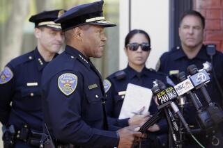 FILE - In this May 3, 2017, file photo, San Francisco Police Chief Bill Scott speaks to reporters in San Francisco. San Francisco saw an increase in shootings in the first half of 2021 compared to the same period in 2020, and a slight uptick in aggravated assaults like those seen in viral videos. Scott said, Monday, July 12, 2021, that retail robberies have declined despite brazen thefts caught on video. (AP Photo/Jeff Chiu, File)