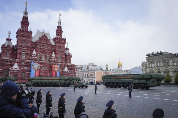 Russian RS-24 Yars ballistic missiles roll during the Victory Day military parade in Moscow, Russia, Thursday, May 9, 2024, which marks the 79th anniversary of the end of World War II.  (AP Photo/Alexander Zemlianichenko)