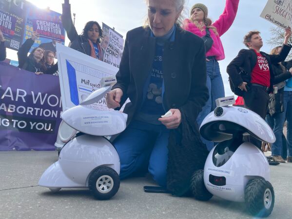 Aid Access, an abortion rights group, displays robots that can deliver mifepristone as part of their mission to make the pills available in all 50 states.