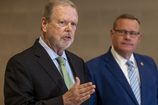 Senate President Pro Tempore Phil Berger, and House Speaker Tim Moore announce they have reached a deal on the state budget during a press briefing on Tuesday, Sept. 19. 2023 in Raleigh, N.C. The compromised budget will not include casino legislation but will include Medicaid expansion. (Robert Willett/The News & Observer via AP)