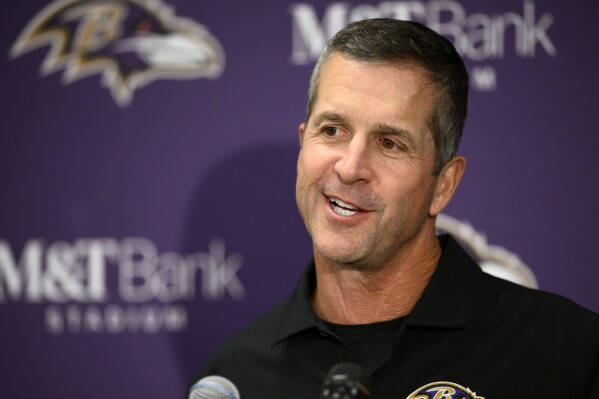 Baltimore Ravens head coach John Harbaugh speaks during a news conference after an NFL football game against the Seattle Seahawks, Sunday, Nov. 5, 2023, in Baltimore. The Ravens won 37-3. (AP Photo/Nick Wass)