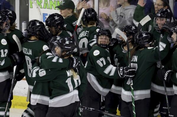 Boston players, including defender Jess Healey (97), celebrate an overtime win against Montreal in a PWHL playoff hockey game Tuesday, May 14, 2024, in Lowell, Mass. (AP Photo/Mark Stockwell)