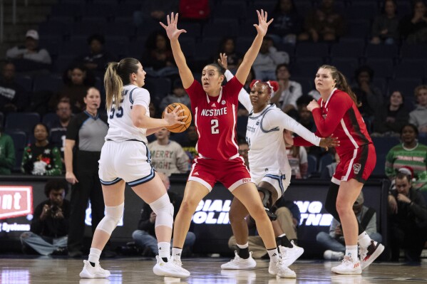 North Carolina State forward Mimi Collins (2) defends against Old Dominion forward Brenda Fontana (55) during the first half of an NCAA college basketball game Wednesday, Dec. 20, 2023, in Norfolk, Va. (AP Photo/Mike Caudill)
