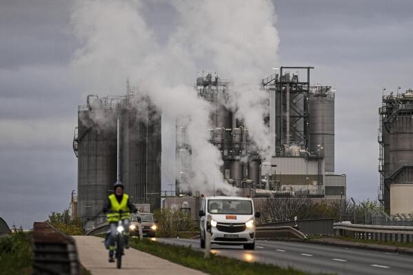 FILE - A view of  Evonik chemical plant, in Wesseling, near Cologne, Germany, Wednesday, April 6, 2022. Germany’s employers and trade unions have joined together in opposing an immediate European Union ban on natural gas imports from Russia over its invasion of Ukraine. They say a ban on Russian gas would lead to factory shutdowns and the loss of jobs in Germany, the bloc's biggest economy. (AP Photo/Martin Meissner, File)