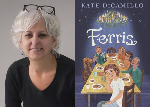 This combination of photos shows author Kate DiCamillo posing for a portrait in New York on Jan. 18, 2024, left, and cover art for her latest book "Ferris." (AP Photo/Bebeto Matthews, left, and Candlewick Press via AP)