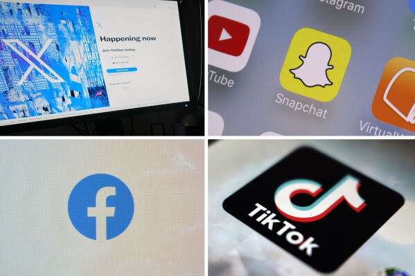 FILE - This combination of photos shows logos of X, formerly known as Twitter, top left; Snapchat, top right; Facebook, bottom left; and TikTok, bottom right. Spain’s government has proposed a wide-ranging law to protect children from on-line threats. It includes virtual restraining orders for felons as well as health screens for teenagers to detection emotional disorders derived from the ills of social media. (AP Photo, File)